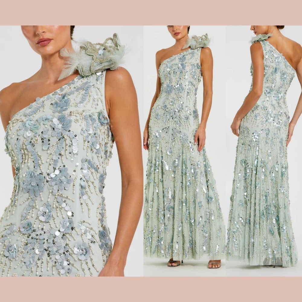 NWT Mac Duggal [ 2‎ ] 94151 Flower Beaded Mesh One Shoulder Trumpet Gown Q1203
